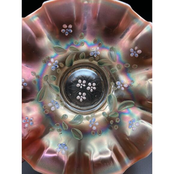 Antique Dugan Enameled Single Flower Opalescent Peach Carnival Glass Bowl 9” - Picture 3 of 11